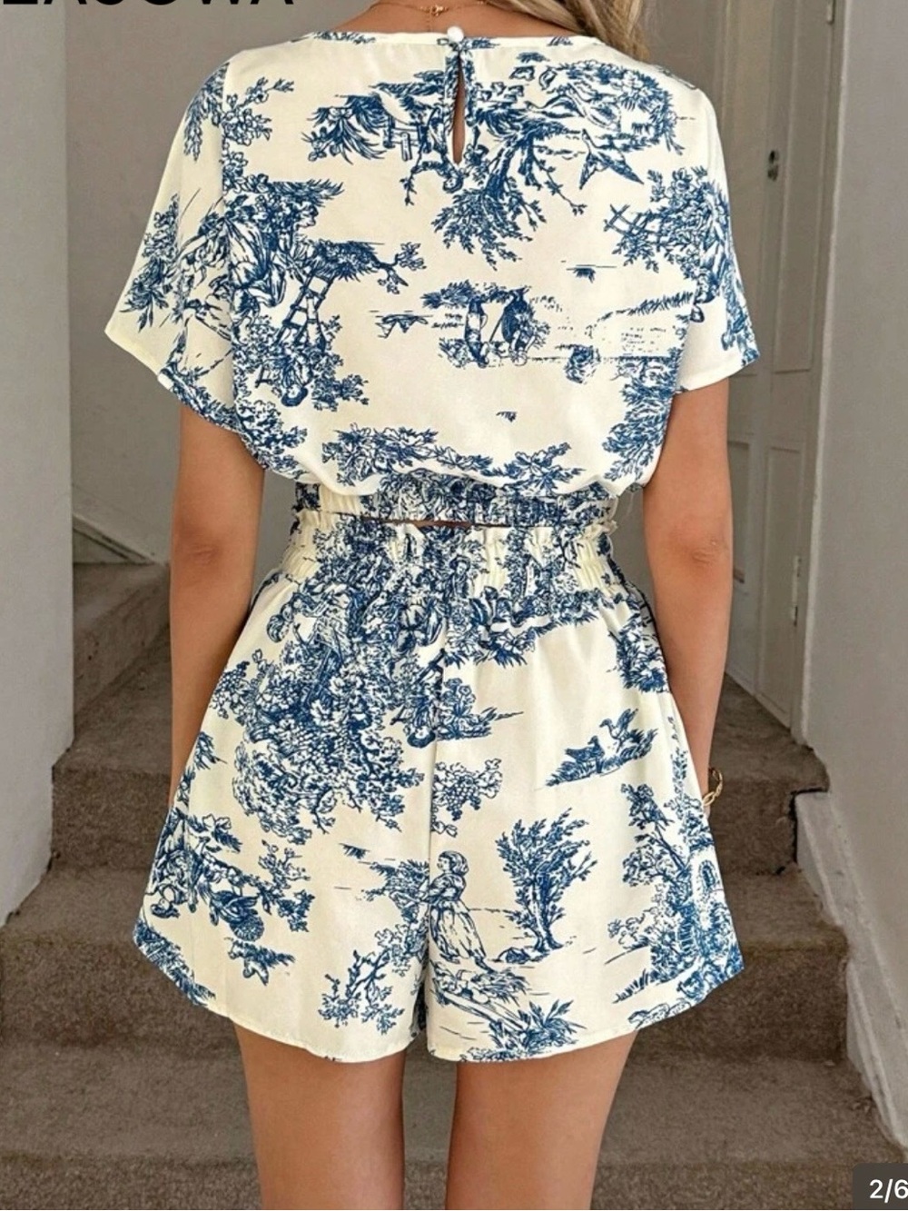Two-Piece Toile Print Crop Top & High-Waist Shorts Set Size L New - Picture 3 of 4